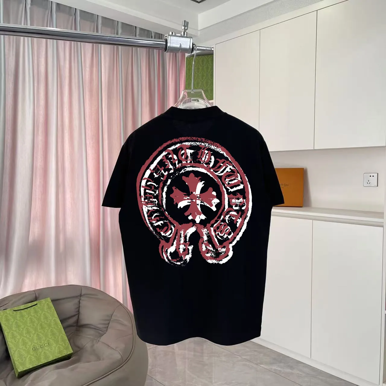 🅿️170 ch Cro* 2025 summer new style Sanskrit cross horseshoe print short-sleeved T-shirt customized fabric 300g same style for men and women Size: S M L XL XXL five sizes Color: black white rose red iron gray